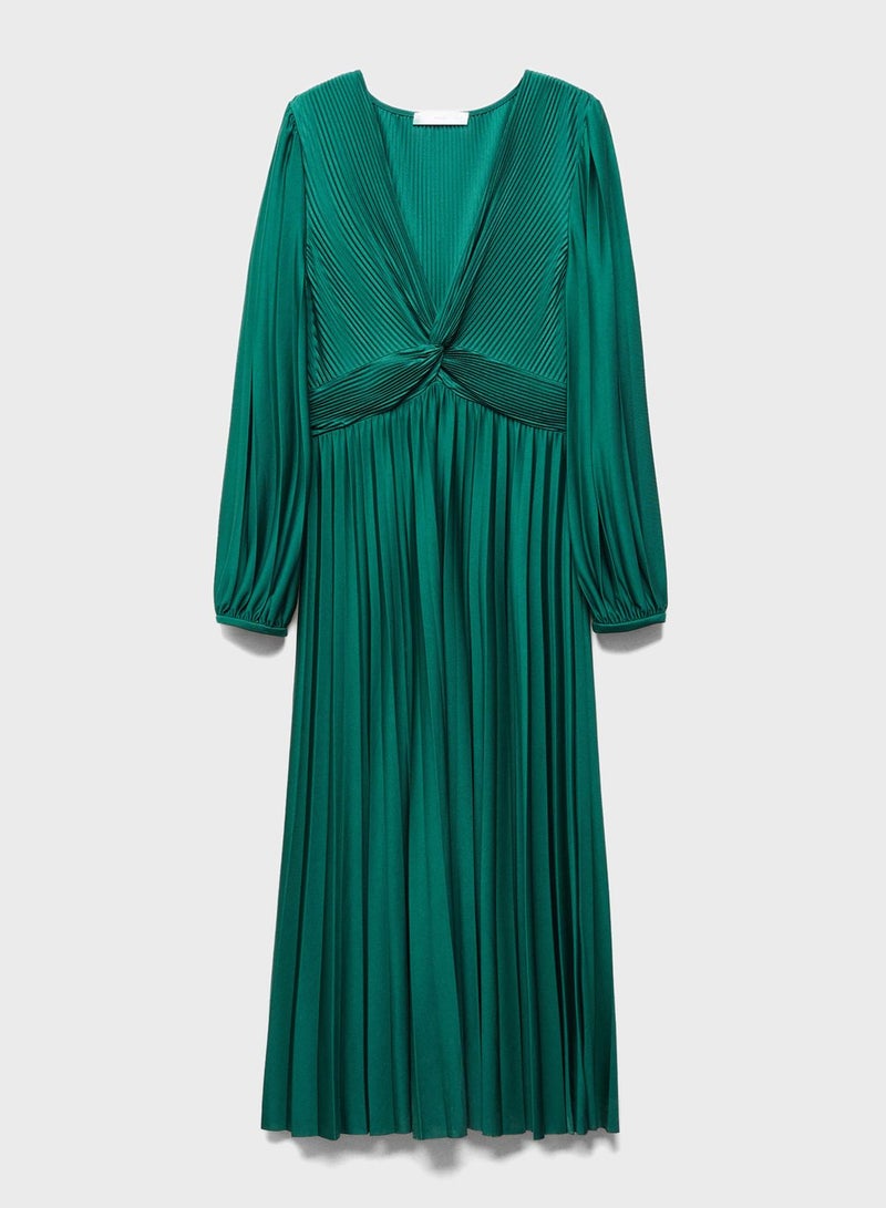 V-Neck Pleated Dress