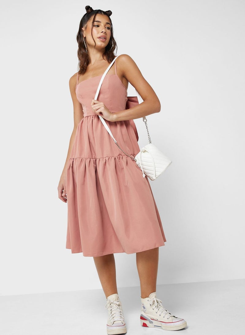 Tiered Midi Dress With Back Bow Detail