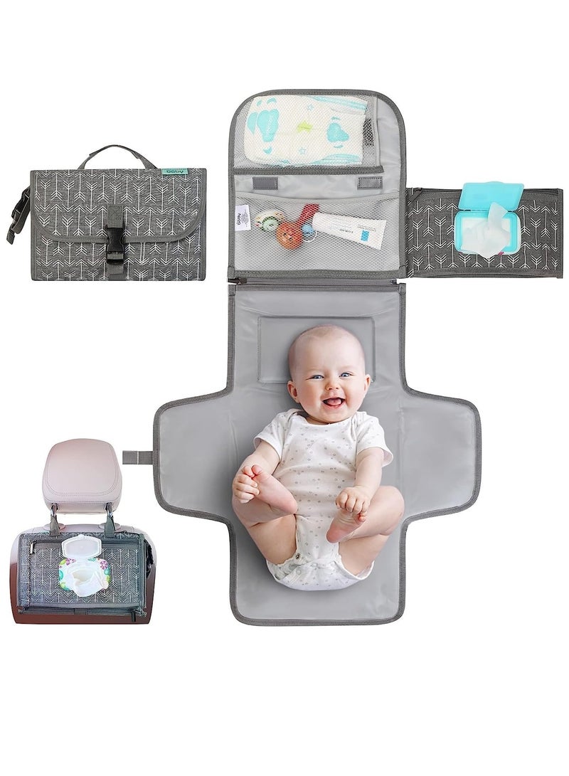 Portable Diaper Changing Pad, Baby Changing Pad For Newborn Girl And Boy Smart Wipes Pocket, Waterproof Travel Changing Kit Gray Arrows