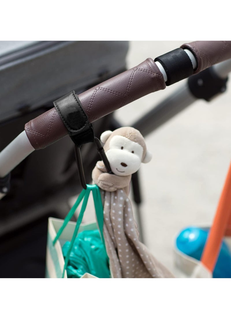 Baby Stroller Hooks Bag Hooks for Hanging Diaper Bags Multipurpose Velcro Hooks for Grocery Shopping Bags Premium Leather Pram Stroller Bag Hook Straps 2 Pcs, Black