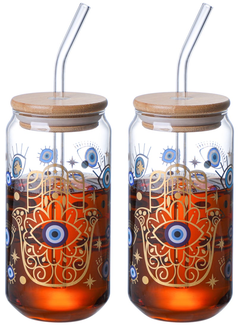 Borosilicate Evil Eye Printed Drinking Glasses With Bamboo Lid and Glass Straw, 550ML (Set of 2)