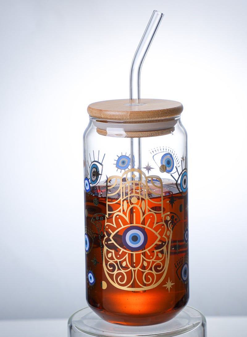 Borosilicate Evil Eye Printed Drinking Glasses With Bamboo Lid and Glass Straw, 550ML (Set of 2)