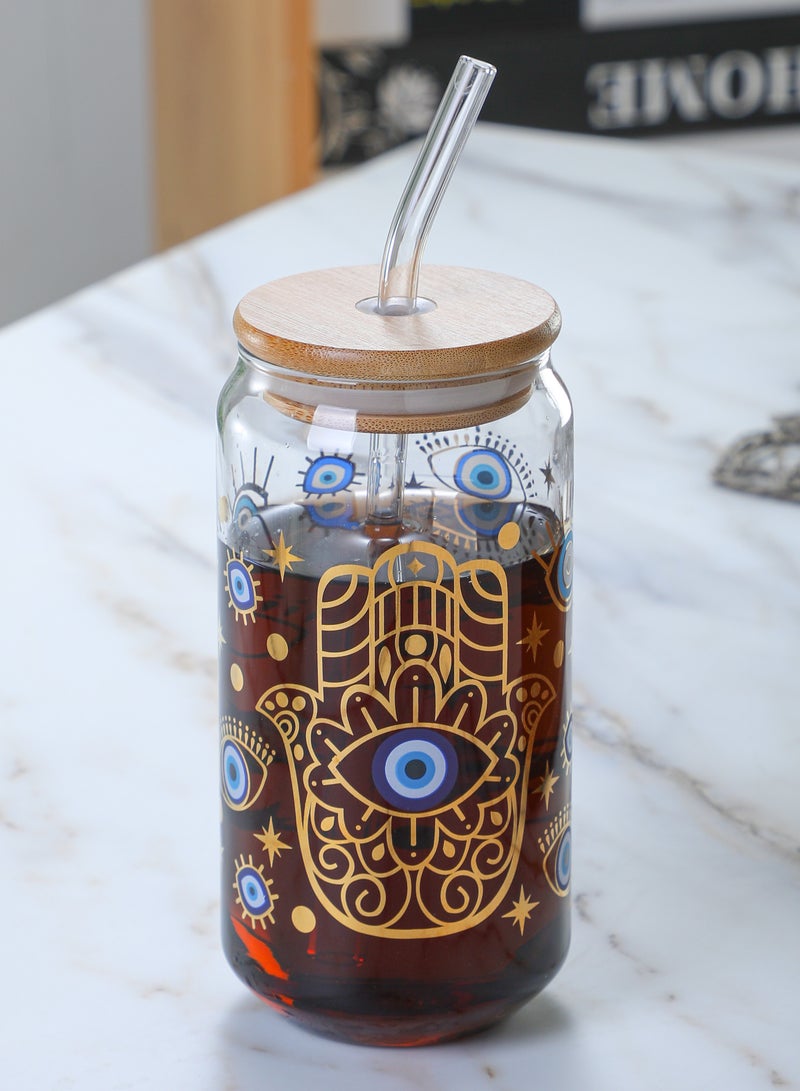 Borosilicate Evil Eye Printed Drinking Glasses With Bamboo Lid and Glass Straw, 550ML (Set of 2)