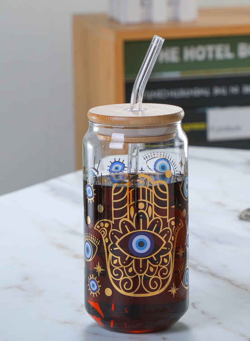 Borosilicate Evil Eye Printed Drinking Glasses With Bamboo Lid and Glass Straw, 550ML (Set of 2)