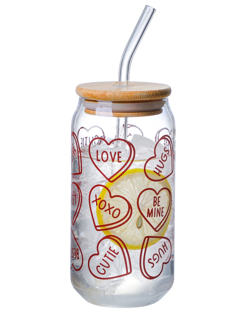 Borosilicate Valentine themed Drinking Glasses With Bamboo Lid 350 ML Set of 2