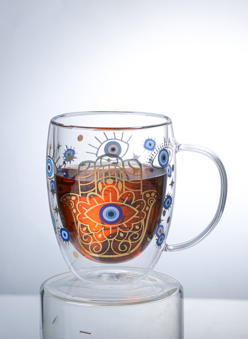 Borosilicate Evil Eye Printed Double Wall Glass with Handle and Straw 350 ML (Set of 2)