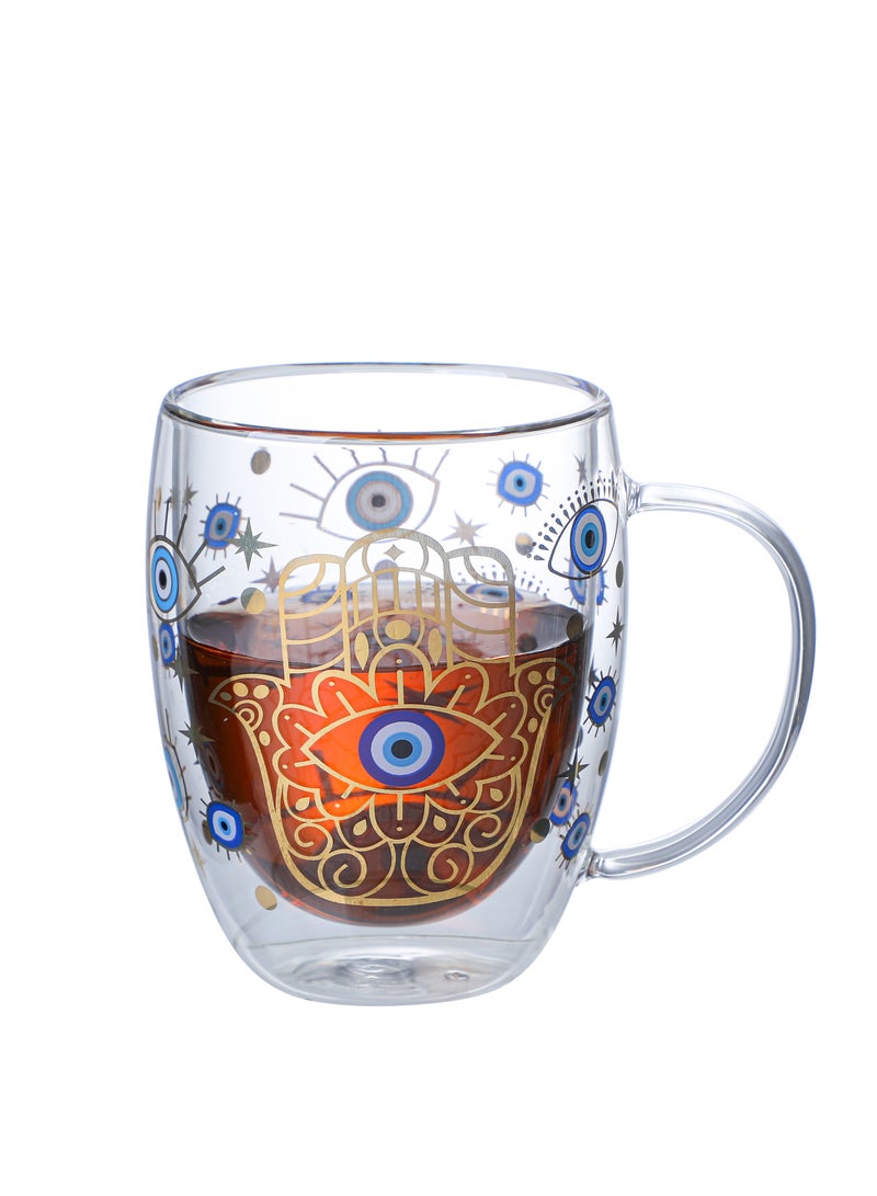 Borosilicate Evil Eye Printed Double Wall Glass with Handle and Straw 350 ML (Set of 2)