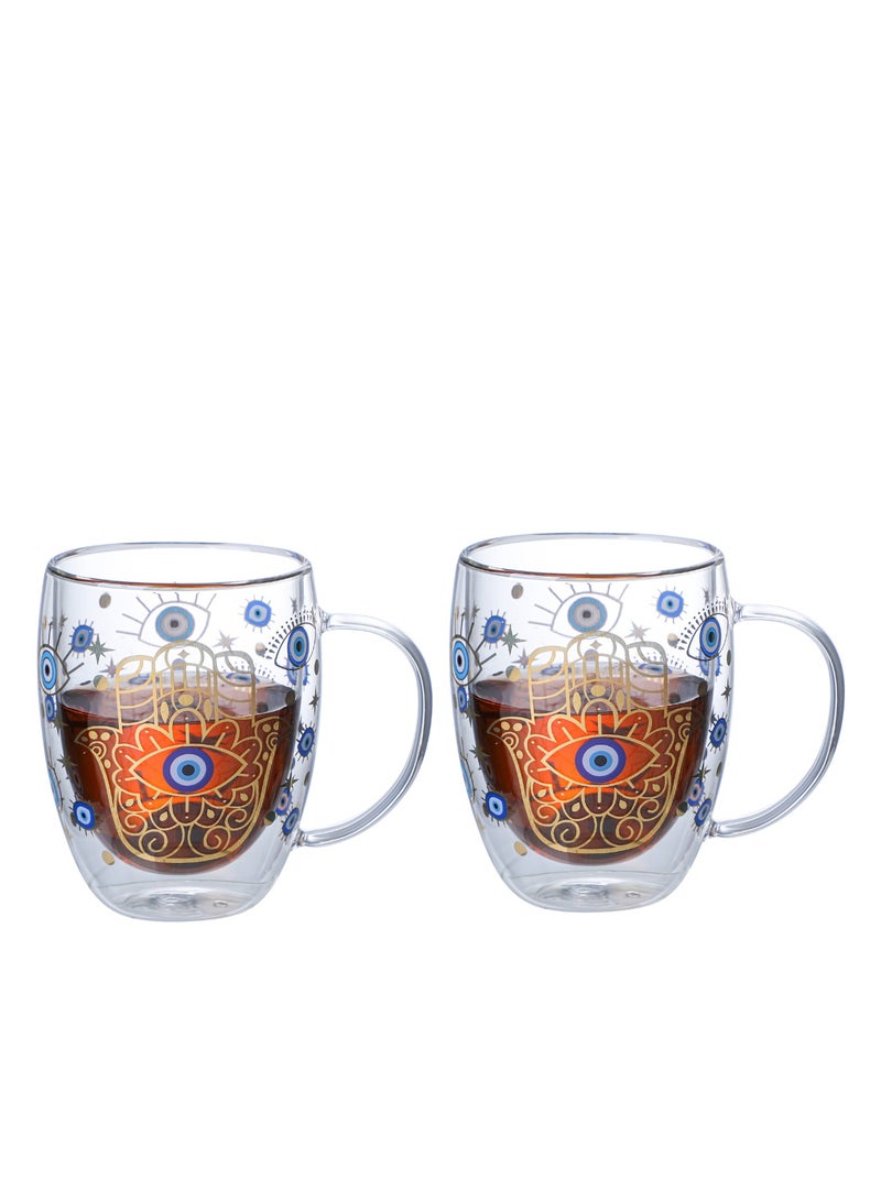 Borosilicate Evil Eye Printed Double Wall Glass with Handle and Straw 350 ML (Set of 2)