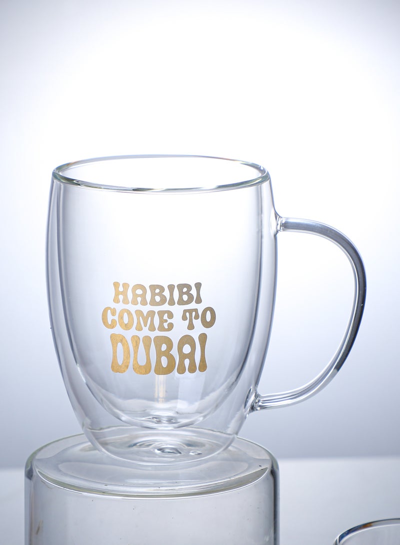 Borosilicate Double Wall Habibi Come to Dubai Printed Glass Cup with Handle and Straw 350 ML (Set of 2)