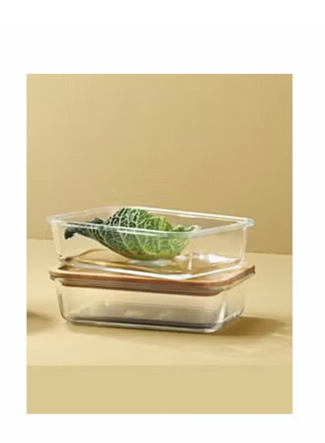 Food container with lid, rectangular glass/bamboo, 2 pieces