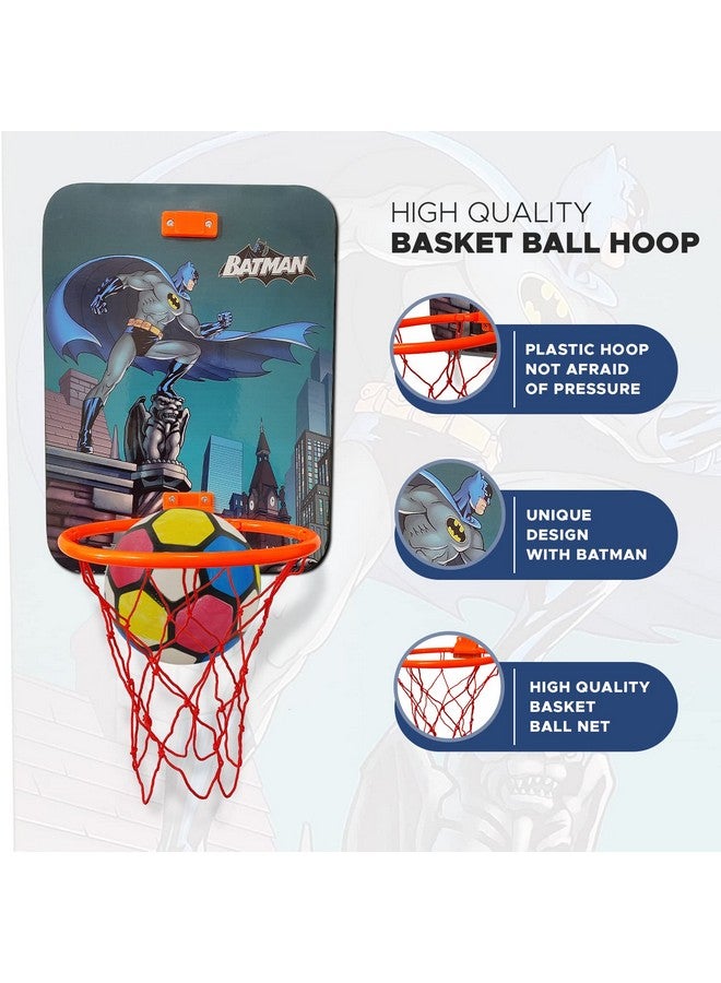 Batman Small Basket Ball Kit Portable Set With Hanging Board Ring Net For Kids Playing Indoor Outdoor Basket Ball Hanging Board With Net & Ball Good Pastime Birthday & Return Gift Set (Multi)