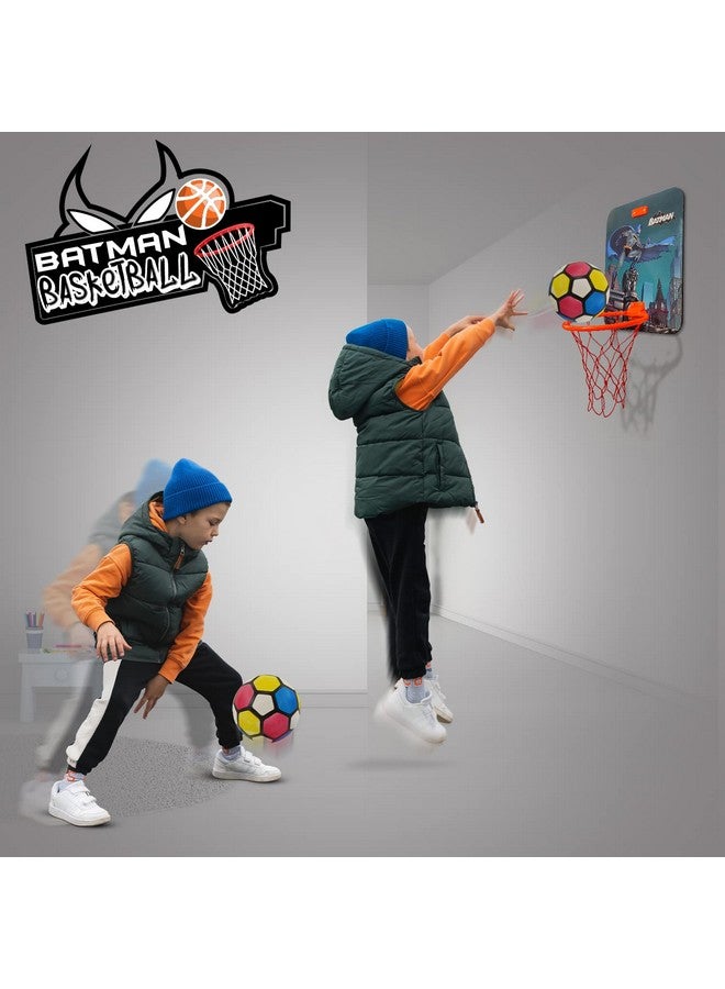 Batman Small Basket Ball Kit Portable Set With Hanging Board Ring Net For Kids Playing Indoor Outdoor Basket Ball Hanging Board With Net & Ball Good Pastime Birthday & Return Gift Set (Multi)