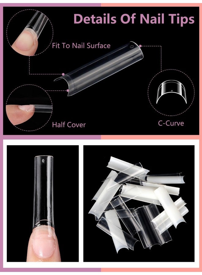 480Pcs Extra Long C Curve Nail Tips And Glue 2 Packs Natural And Clear Acrylic For Nails Professional Set 12 Sizes Artificial Straight Square French False Nail Tips