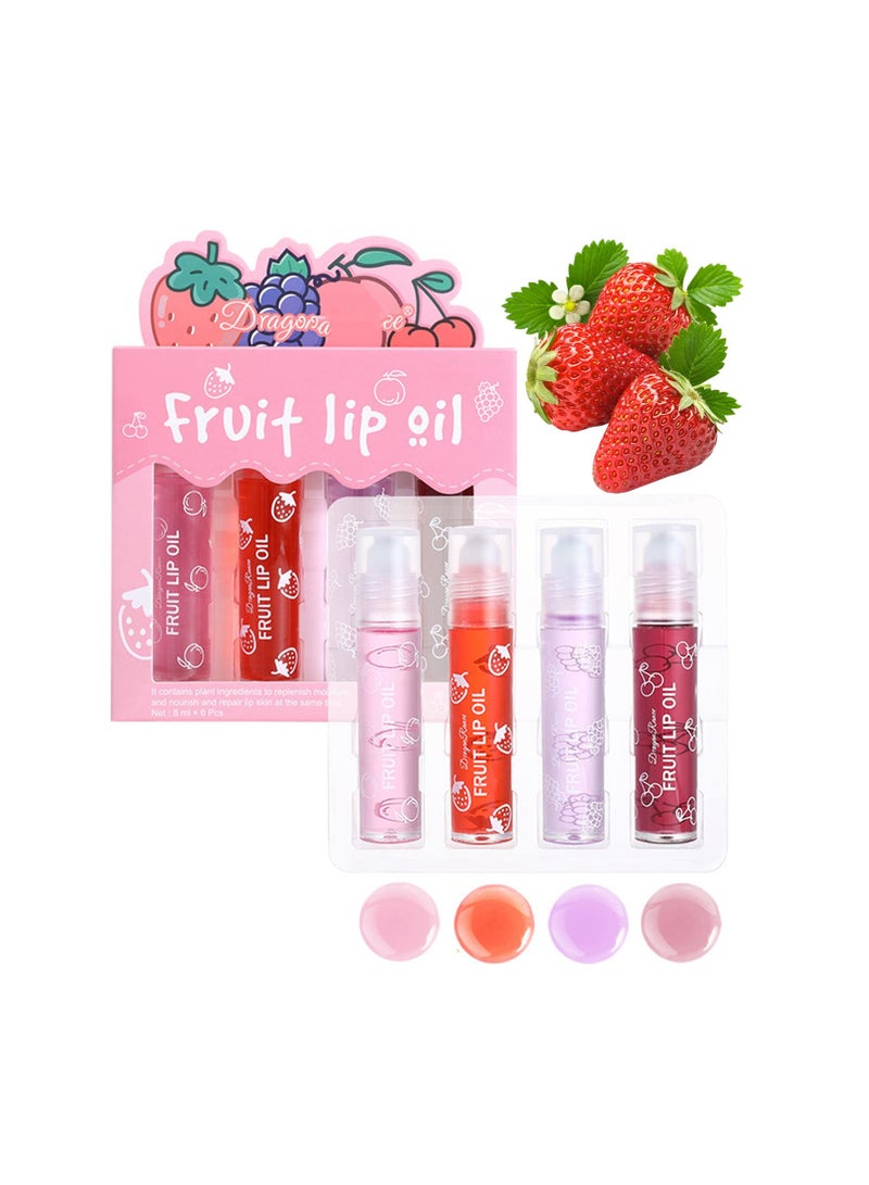 SYOSI Lip Glow Oil, Crystal Jelly Moisturizing Lip Oil, Cherry Oil Plumping Lip Gloss, Hydrating Polished Lips Oil (4 Fruit Lip Oil Set)