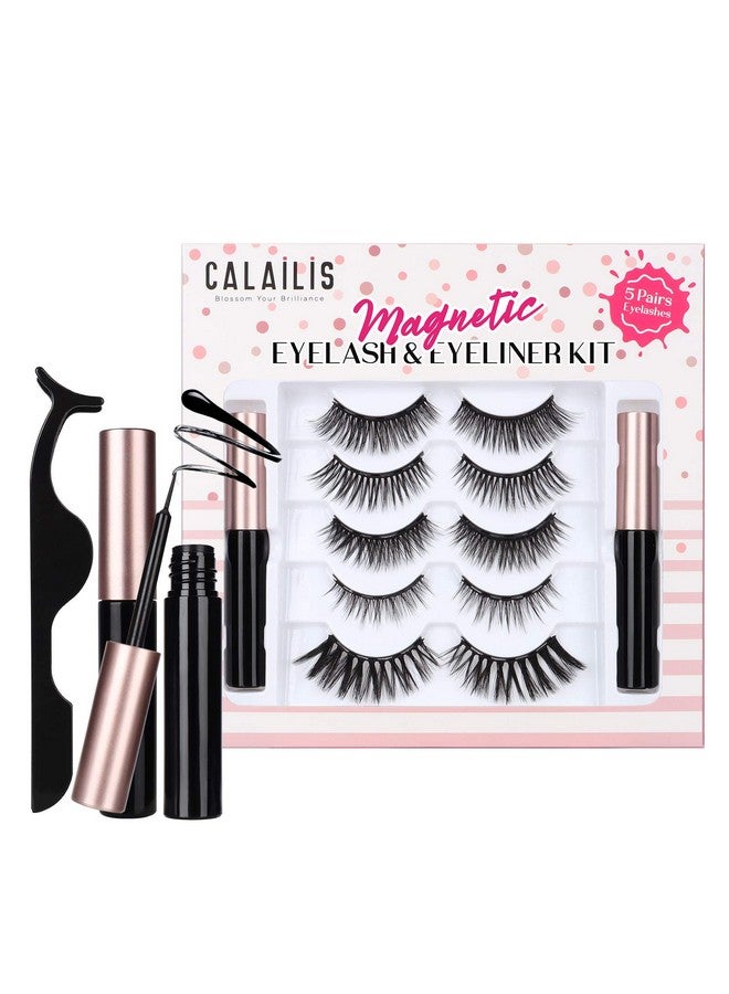 Magnetic False Eyelash And Magnetic Eyeliner Kit Eye Makeup Waterproof Liquid Eye Liner 3D Faux Mink Eye Lashes Natural Reusable Lashes 5 Pairs Free Applicator(Cy501)