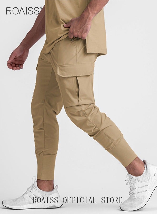 Men's Lightweight Cargo High Rib Jogger Slim Fit Workout Pants with Zip Pockets Multi-pocket Casual Pants Cuffed  Quick-drying Pants Fitness Pants