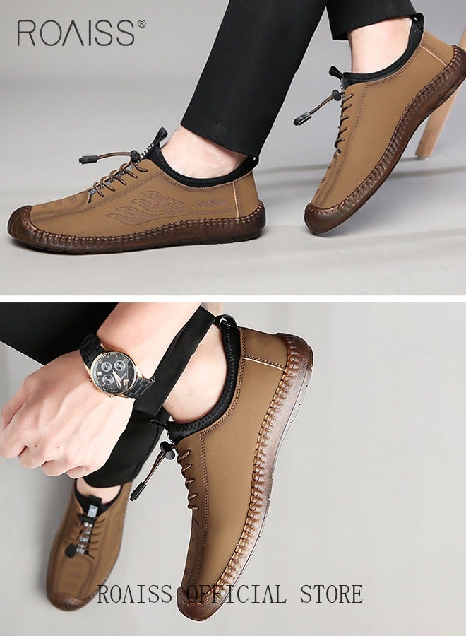 New Mens Casual Drawstring Non-slip Soft Sole Flat Shoes Fashion Round Toe Shoes Daily Hand Stitched Leather Shoes