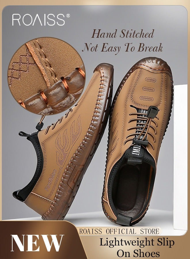 New Mens Casual Drawstring Non-slip Soft Sole Flat Shoes Fashion Round Toe Shoes Daily Hand Stitched Leather Shoes