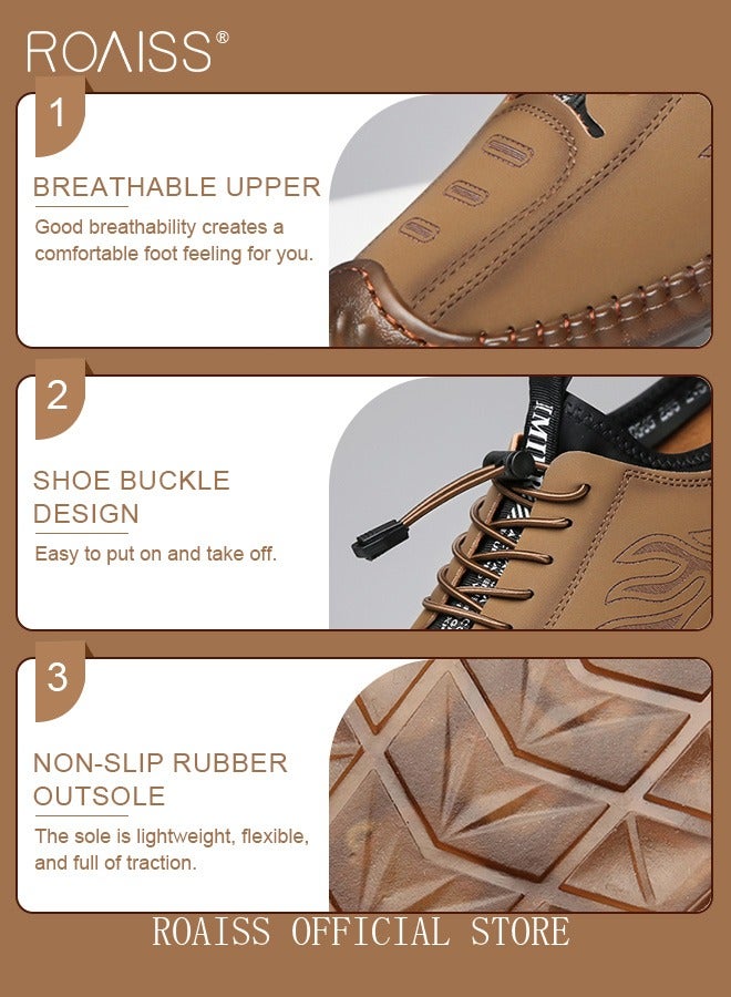 New Mens Casual Drawstring Non-slip Soft Sole Flat Shoes Fashion Round Toe Shoes Daily Hand Stitched Leather Shoes