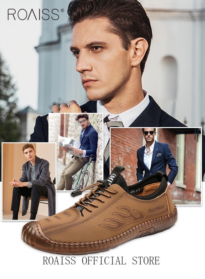 New Mens Casual Drawstring Non-slip Soft Sole Flat Shoes Fashion Round Toe Shoes Daily Hand Stitched Leather Shoes