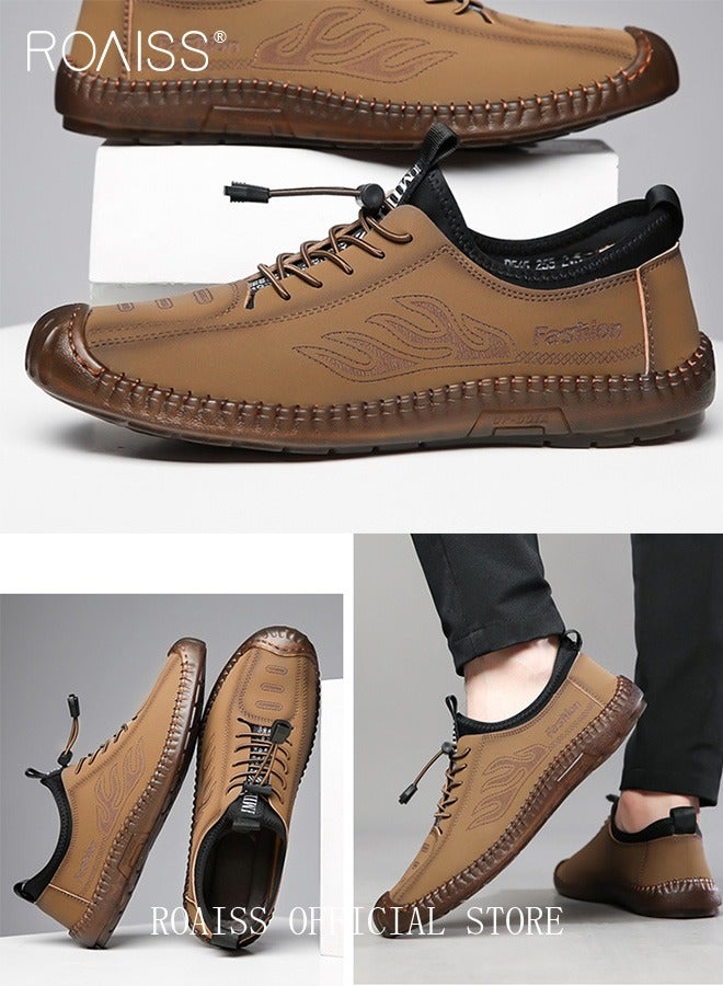 New Mens Casual Drawstring Non-slip Soft Sole Flat Shoes Fashion Round Toe Shoes Daily Hand Stitched Leather Shoes