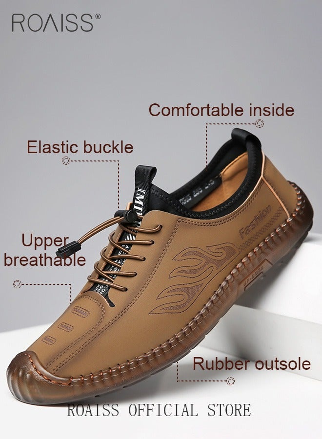 New Mens Casual Drawstring Non-slip Soft Sole Flat Shoes Fashion Round Toe Shoes Daily Hand Stitched Leather Shoes