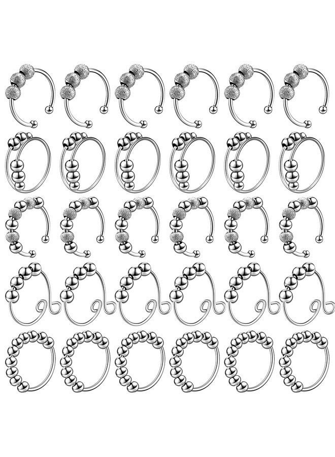 30 Pcs Anxiety Fidget Ring For Women Stainless Steel Adjustable Spinner Ring With Beads For Kids Girls Men Adults Teens Stress Relief (Silver)