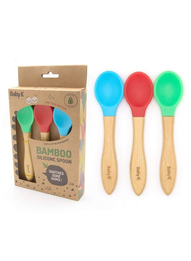 Self Feeding Bamboo Baby Spoons (Redblue & Green) Baby Led Weaning Spoon For First Stage Infant Pvc Free Soft Silicone Tip Gum Friendly Training Perfect Size For First Time Eaters