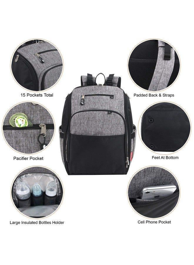 Large Grey Diaper Bag Backpack With Changing Pad And Stroller Straps (Grey Kaden)