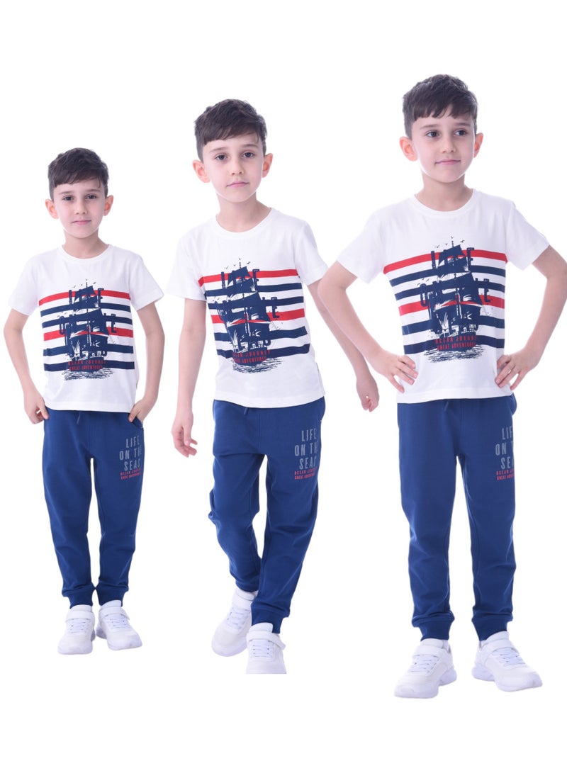Kids Boys 2 piece Set T-Shirts & Jogger (2-8 Years): White Red and  Navy colour, Outfits Sets (100% Cotton)