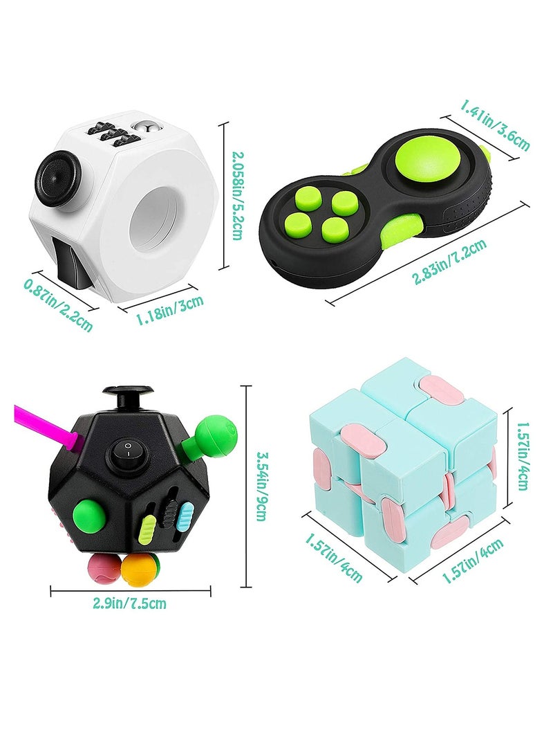 4 Pieces Handheld Mini Fidget Toy Set Include 12-Side Fidget Toy Cube, Infinity Cube, Cam Fidget Controller Pad, Decompression Ring for Teens, Adults to Relieve Pressure, Anxiety