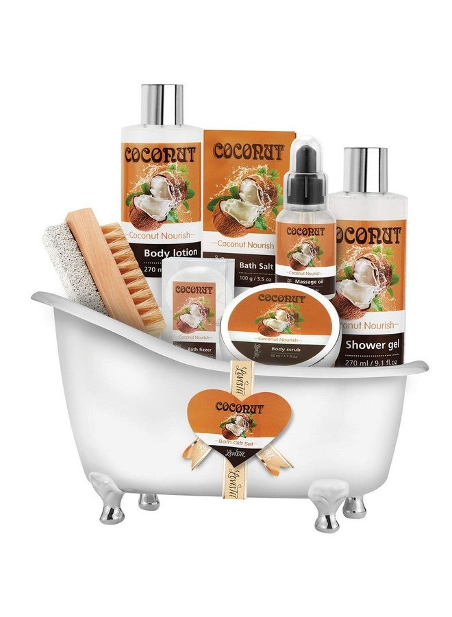 Relaxing Spa Gift Baskets For Women Bath And Body Gift Set For Mom Coconut Spa Kit Includes Bath Bombs Message Oil Body Scrub Bath Salt Body Lotion Shower Gel And Scrub Brush
