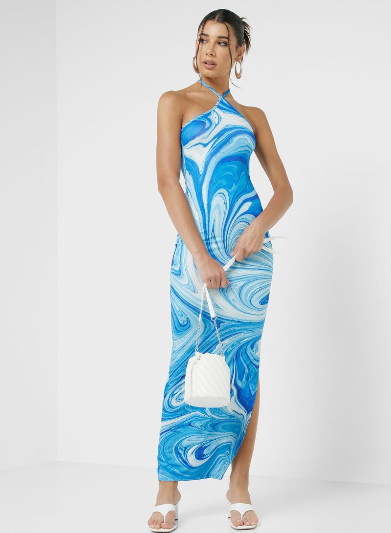 Halter Neck Swirl Print Dress