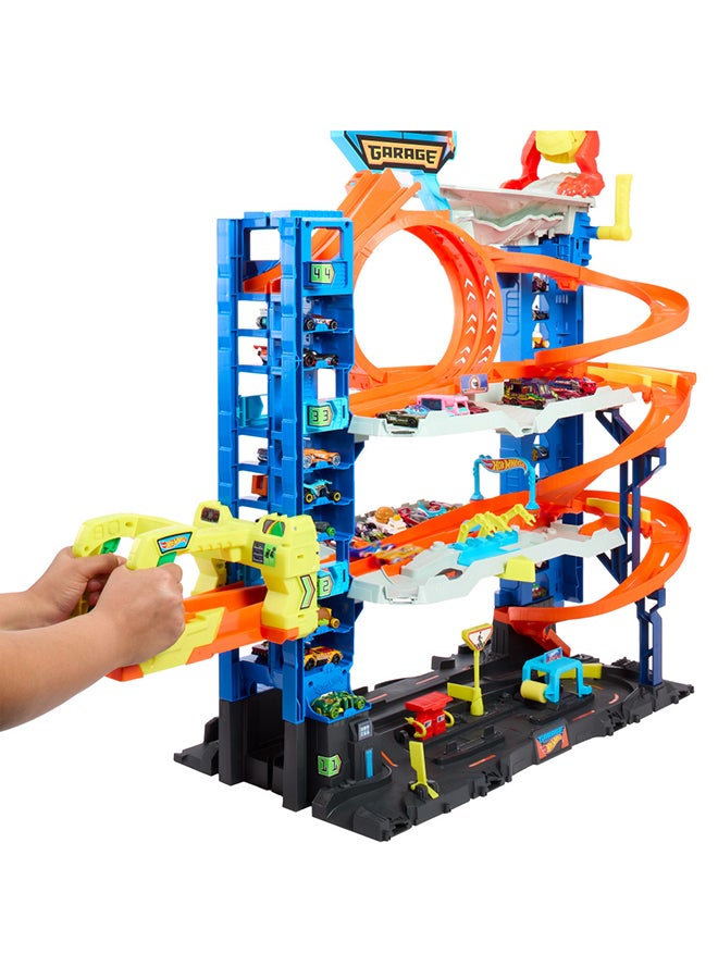 City Ultimate Garage Playset With 2 Die-Cast Cars, Toy Storage For 50+ 1:64 Scale Cars, 4 Levels Of Track Play, Defeat The Dragon
