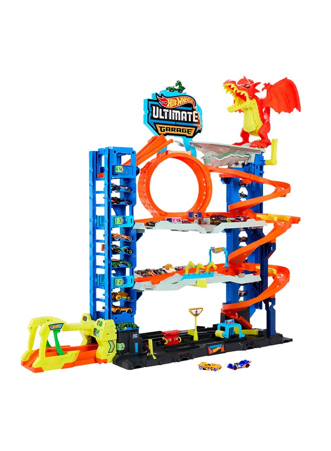 City Ultimate Garage Playset With 2 Die-Cast Cars, Toy Storage For 50+ 1:64 Scale Cars, 4 Levels Of Track Play, Defeat The Dragon