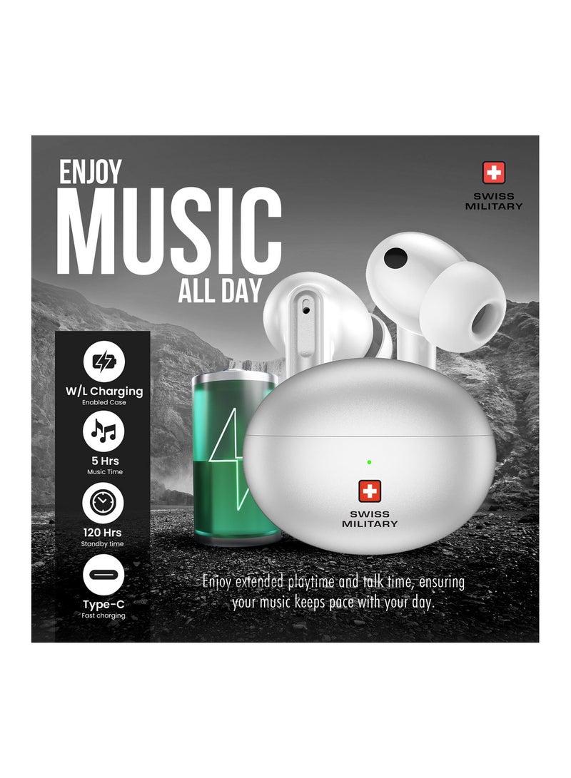 Military Victor 3 Wireless Earbuds Bluetooth With Active Noise Cancelling, ENC, 5Hr Music, Wireless Charging Case, 120Hr Standby, Compatible With iPhones, Samsung And Other Smartphones - Silver
