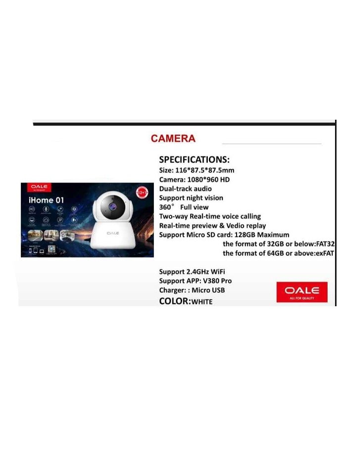 iHome 01 Security Camera Dual Track Audio Support Night Vision Motion Detect Security Camera 360 Full View Two Way Real Time Voice Calling Camera White