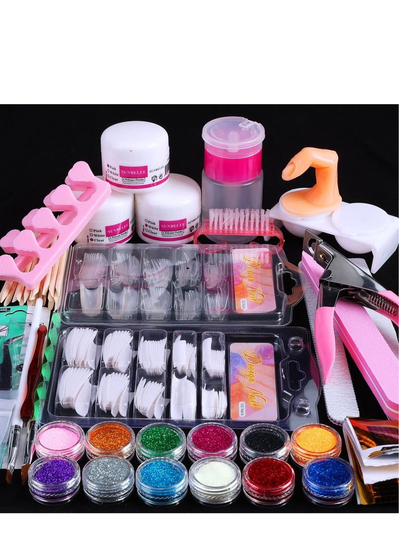 Acrylic Nail Art Set with Acrylic Powder, 12 Glitter Acrylic Powder Kit Nail Art Tips Nail Art Decoration, DIY Nail Art Tool Nail Supplies Acrylic Nail Kit for Beginners (Professional)