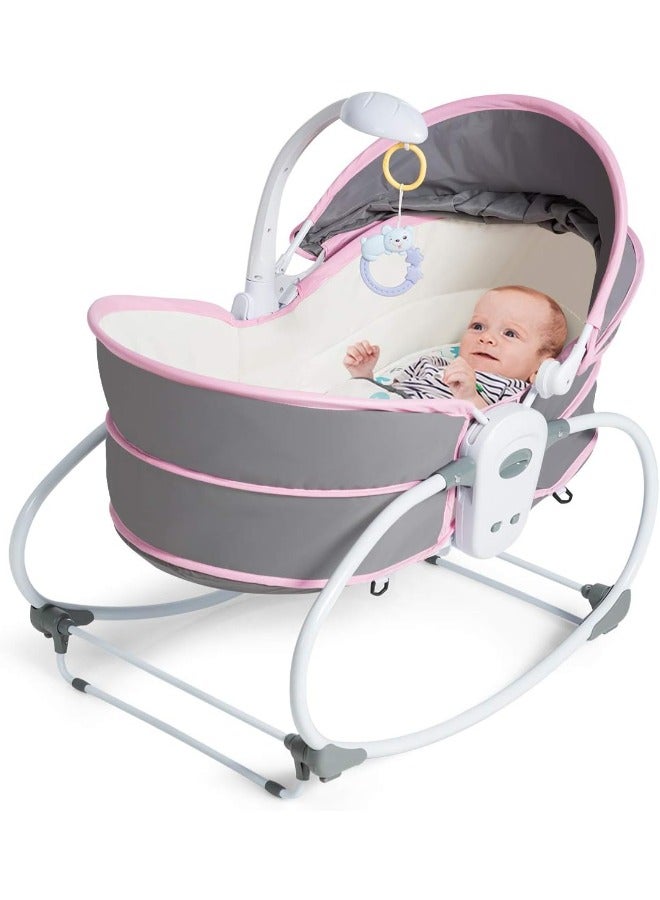Portable 5-in-1 Rocker Bassinet: Pink-Grey Baby Cradle Swing with Detachable Canopy, Music Toys, Vibration. Newborn Gliding Bassinet doubles as Rocking Infant Crib Sleeping Chair for Travel