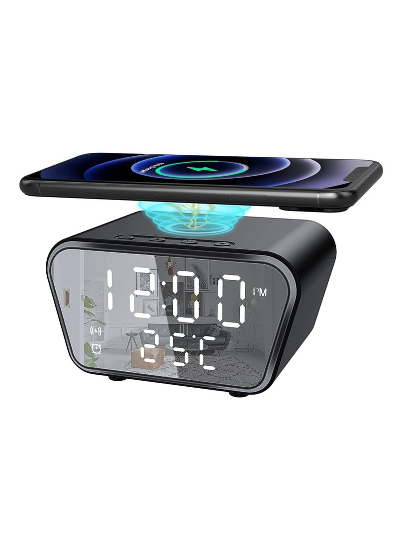 Alarm Clock with Wireless Charging, Digital Alarm Clocks Bedside Mains Powered, 3 Alarms, Adjustable Brightness LED Display with Time/Temperature, Fast Charger Compatible with All Qi-Enabled Phone