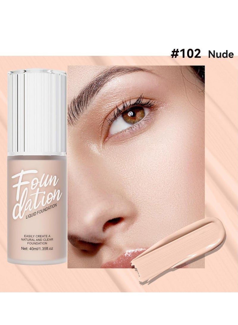 Foundation Makeup, Durable Waterproof Soft Matte Liquid Foundation, Oil Control Concealer Cream Full Coverage Foundation. (102 Nude, 40 ml)