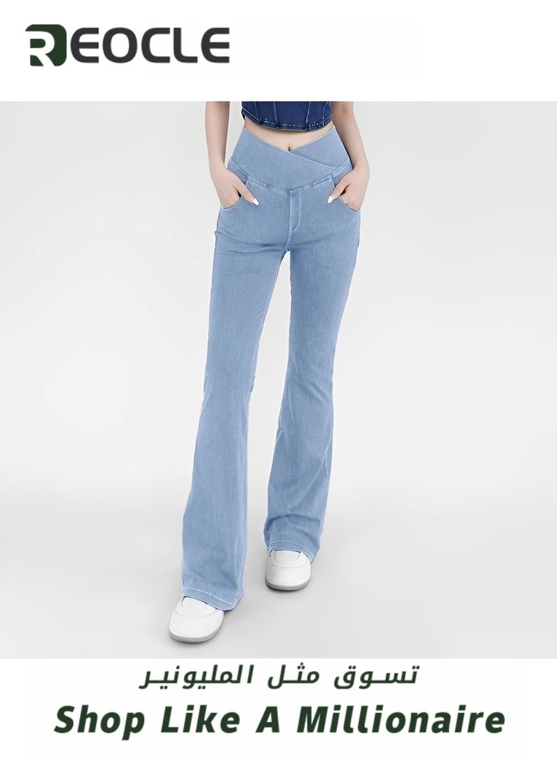 Women's Bell Bottom Jeans High Waisted Stretchy Flare Jeans Pull On Tummy Control Flare Pants with Pockets Classic Denim Pants