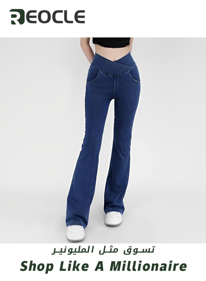 Women's Bell Bottom Jeans High Waisted Stretchy Flare Jeans Pull On Tummy Control Flare Pants with Pockets Classic Denim Pants