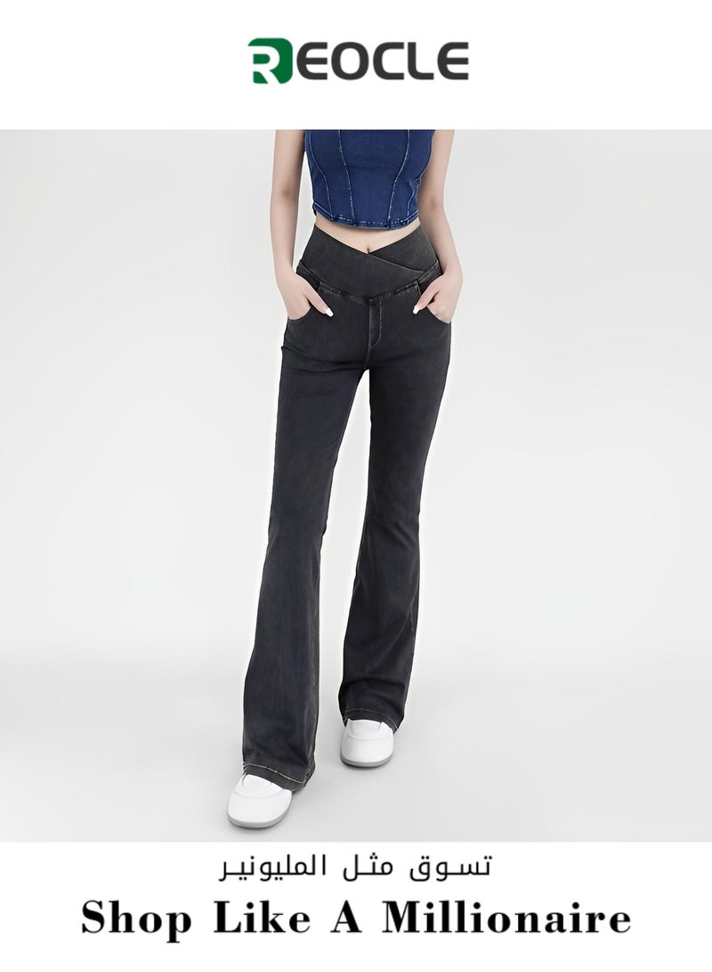 Denim Sports Yoga Pants for Women Cross-over High-waisted Tummy-tightening  Lifting Pockets Micro-flared Pants for Outer Wear Fitness Casual Pants