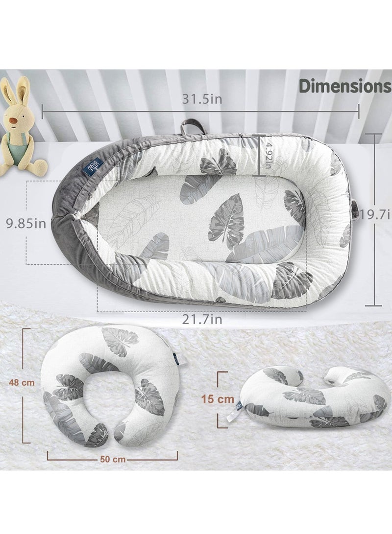 Soft Breathable Fiberfill Newborn Lounger Bed With Baby Nursing And Feeding Pillow - Leaves