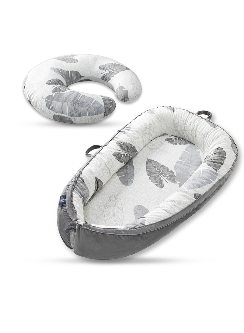 Soft Breathable Fiberfill Newborn Lounger Bed With Baby Nursing And Feeding Pillow - Leaves