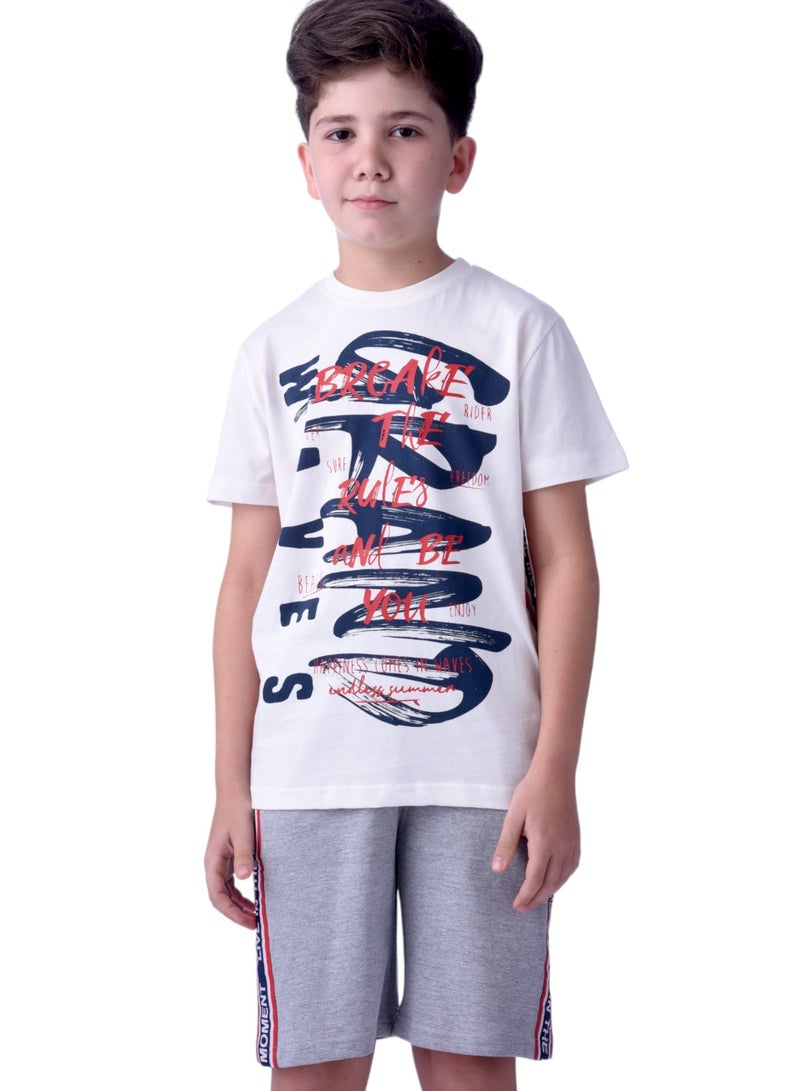 Senior Boys (Youth/Teens) 2 piece set T-Shirt & Shorts (8-14 Years)- Off-white and Grey- 100 % percent Cotton- victor and jane