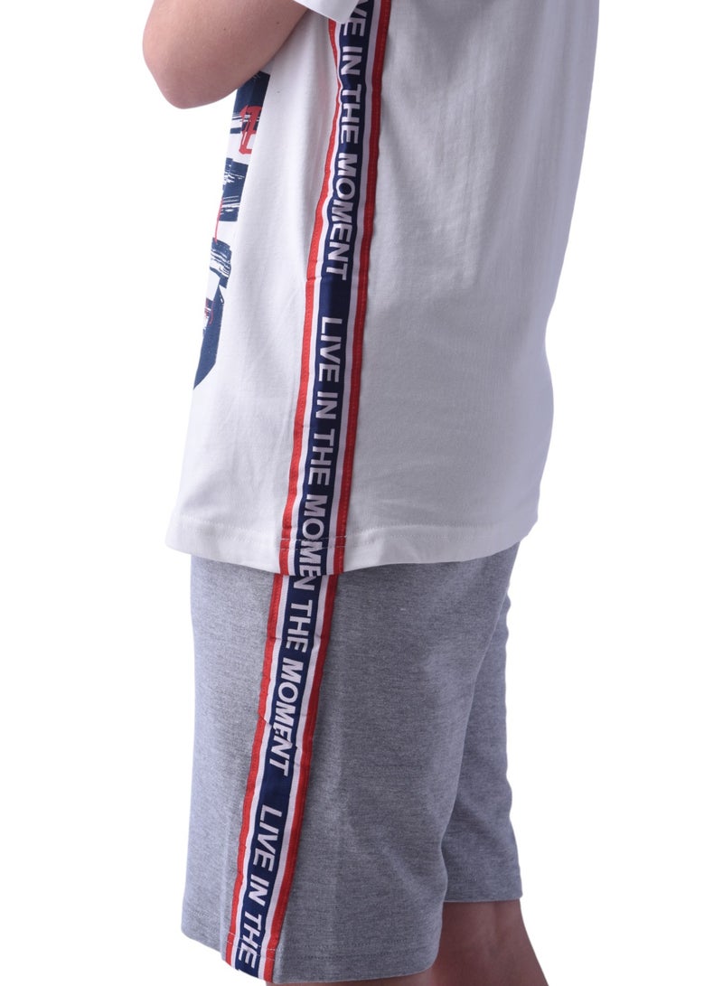 Senior Boys (Youth/Teens) 2 piece set T-Shirt & Shorts (8-14 Years)- Off-white and Grey- 100 % percent Cotton- victor and jane