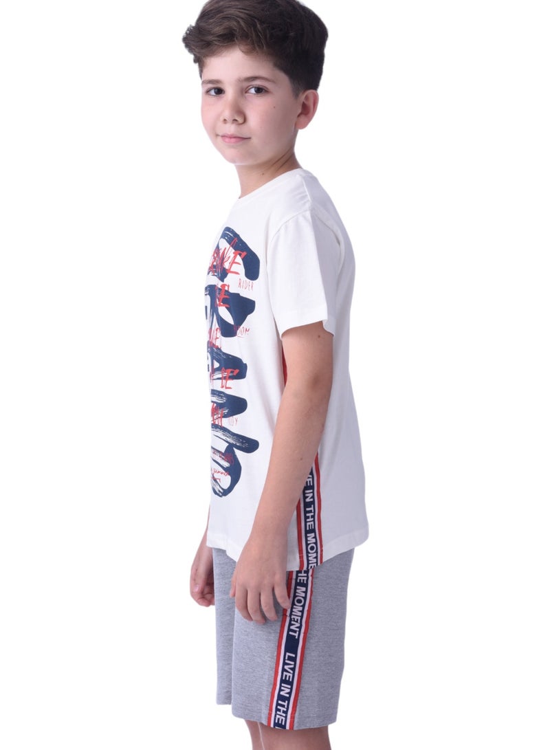 Senior Boys (Youth/Teens) 2 piece set T-Shirt & Shorts (8-14 Years)- Off-white and Grey- 100 % percent Cotton- victor and jane