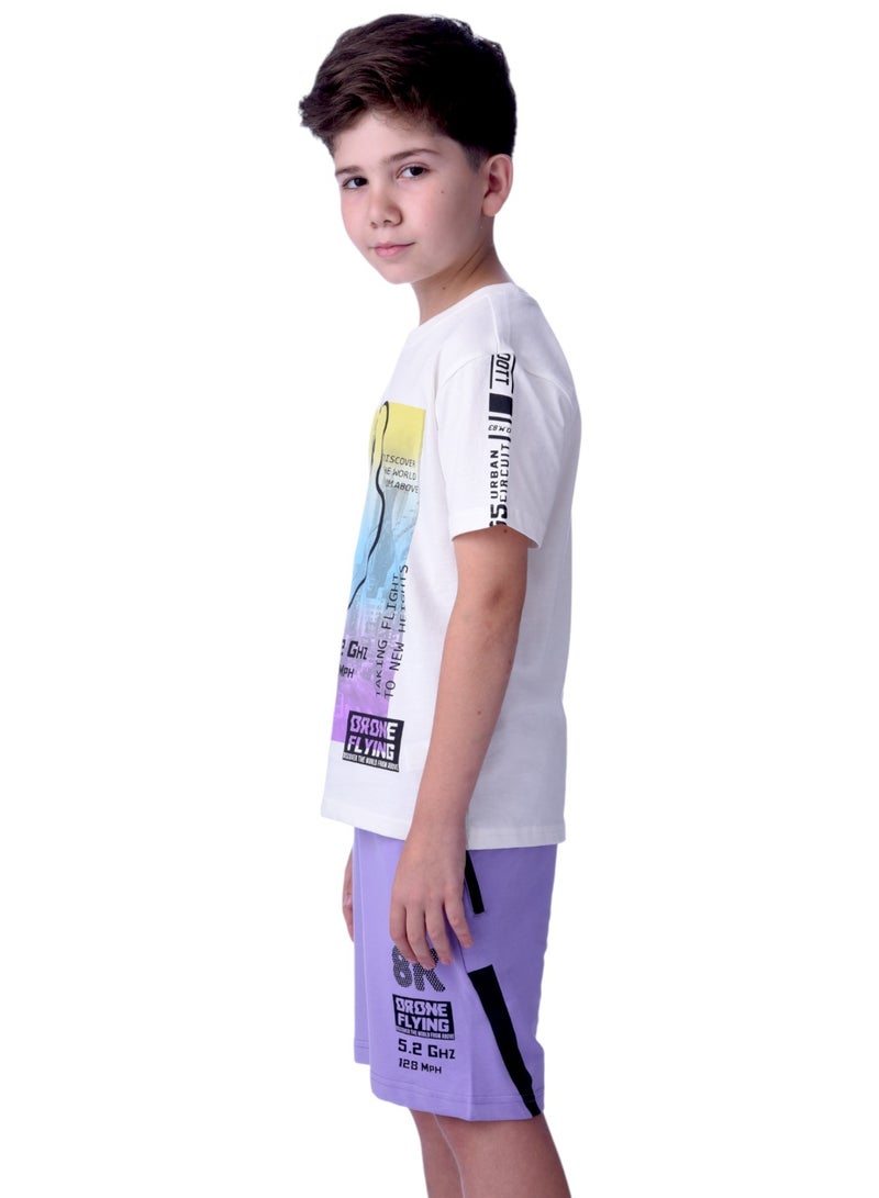Senior Boys (Youth/Teens) 2 piece set T-Shirt & Shorts (8-14 Years)- Off-white and Lilac 100 % percent Cotton- victor and jane